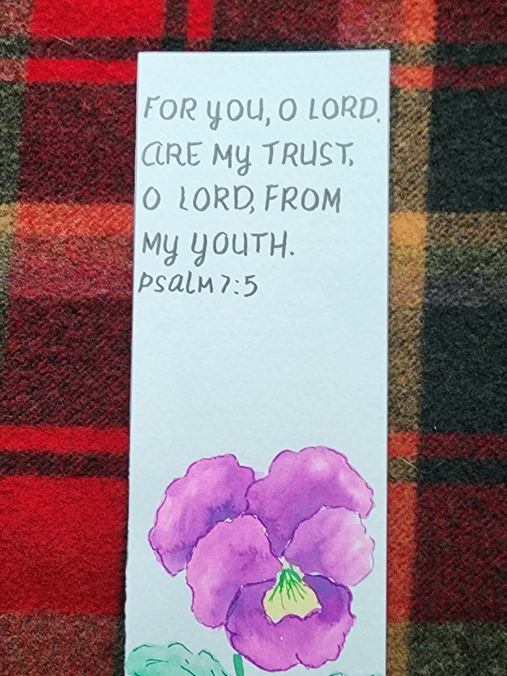 Hand-Painted Floral Bookmark with Psalm 7:5 — Purple Pansy Design